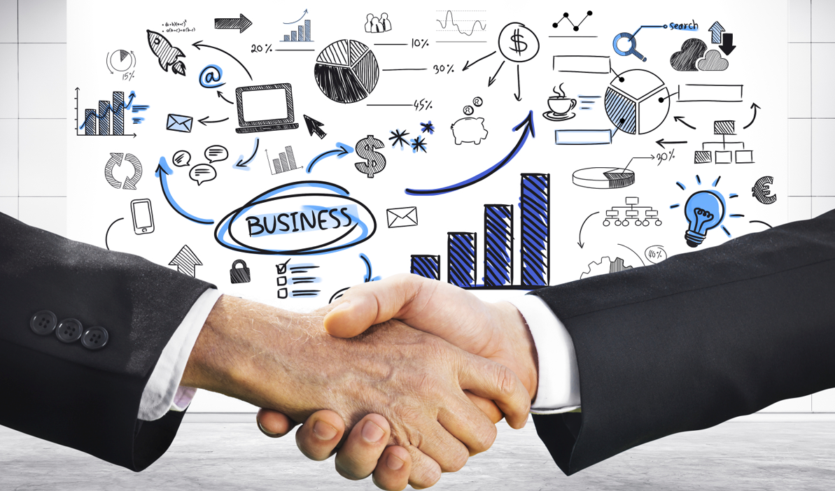 shaking hands in front of financial services graphic